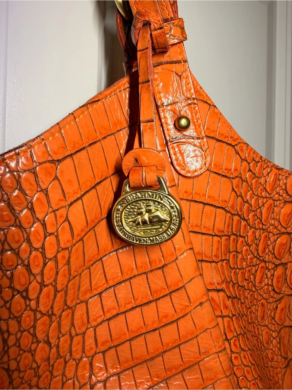 Brahmin Jacqueline Melbourne Orange Croc Embossed Leather Large Hobo Tote